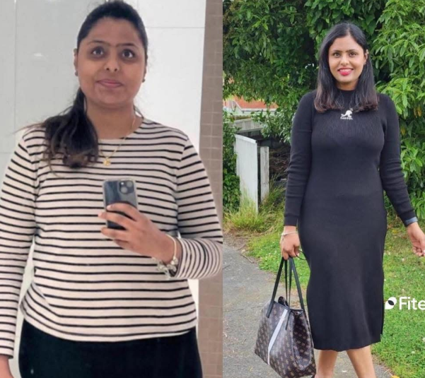 60-day transformation — lost 11.5kg. Reversed PCOD symptoms, bloating, acidity under control. Customized diet plan for busy working woman.
